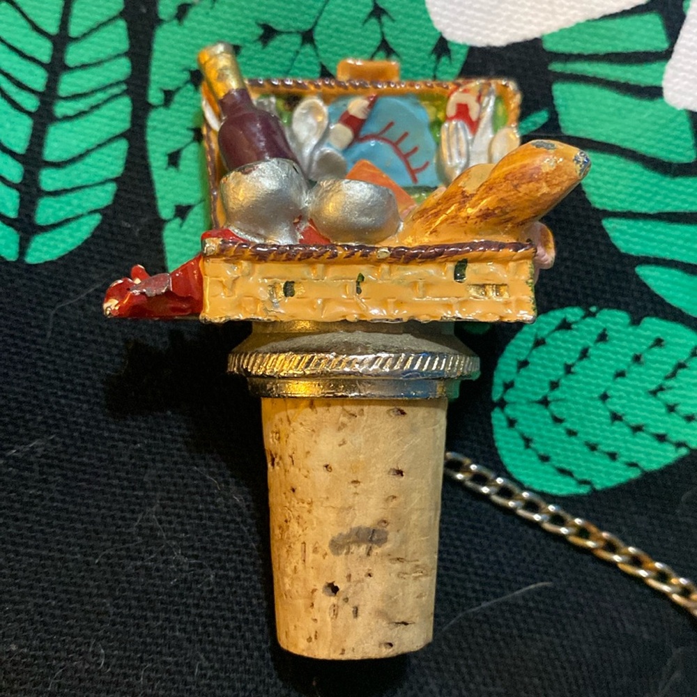 Vtg Painted Pewter Wine Bottle
Cork Stopper Picnic Basket
Bread,Cheese,Wine…